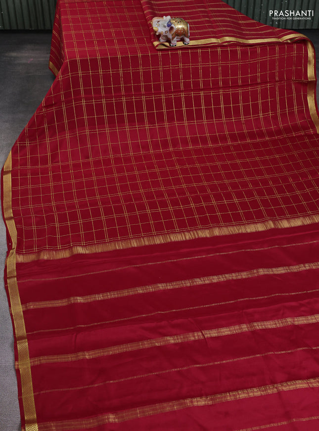 Pure mysore silk saree kumkum red with allover zari woven checked pattern and zari woven border
