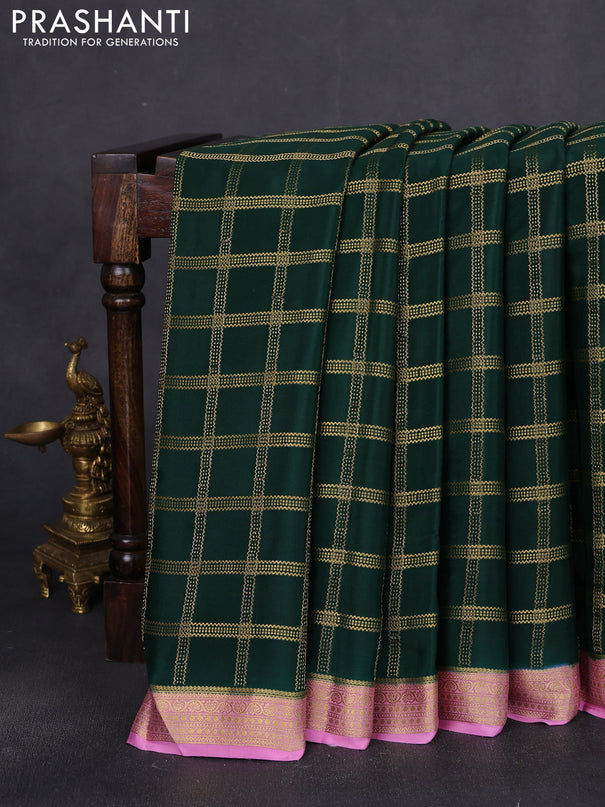 Pure mysore silk saree bottle green and light pink with allover zari woven checked pattern and zari woven border