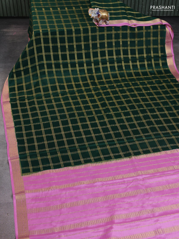 Pure mysore silk saree bottle green and light pink with allover zari woven checked pattern and zari woven border