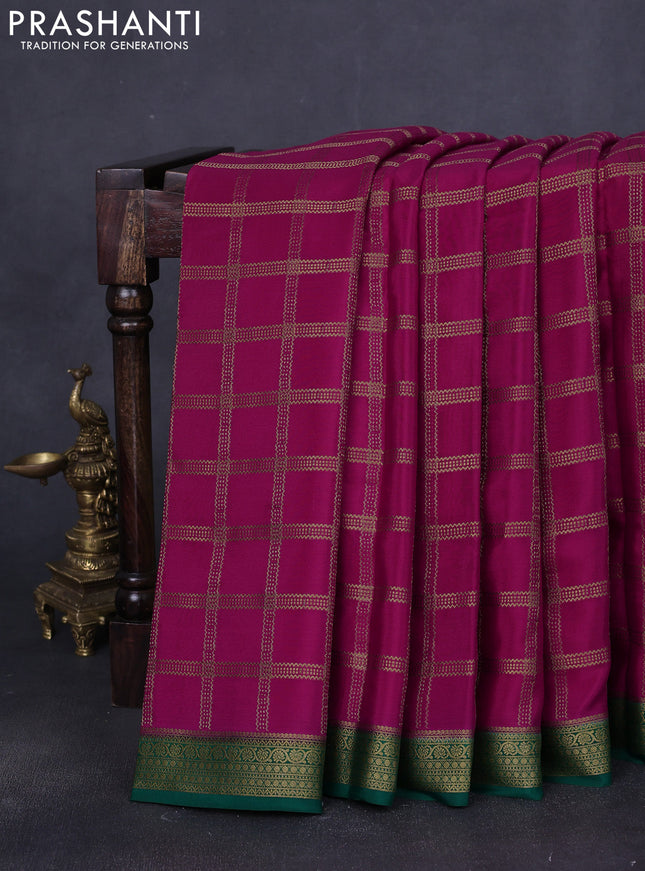 Pure mysore silk saree pink and green with allover zari woven checked pattern and zari woven border