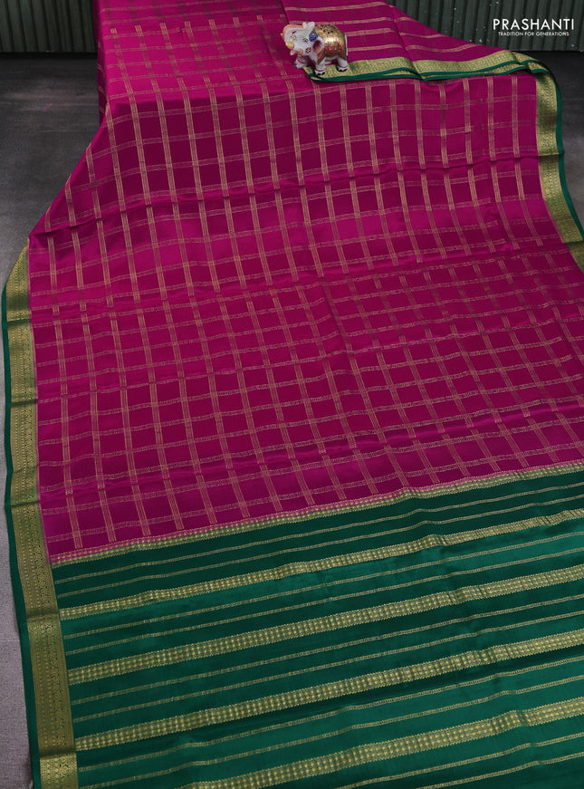 Pure mysore silk saree pink and green with allover zari woven checked pattern and zari woven border