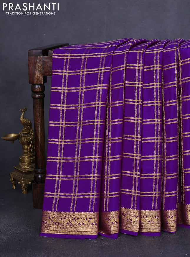 Pure mysore silk saree purple with allover zari woven checked pattern and zari woven border