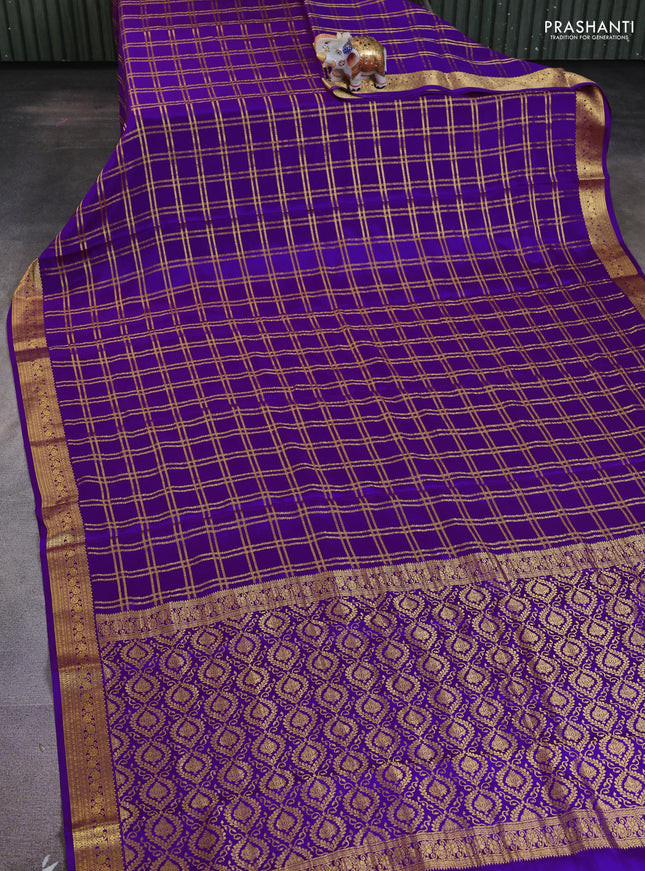 Pure mysore silk saree purple with allover zari woven checked pattern and zari woven border