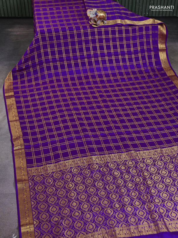 Pure mysore silk saree purple with allover zari woven checked pattern and zari woven border