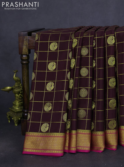 Pure mysore silk saree coffee brown and pink with allover zari checks & buttas and zari woven border
