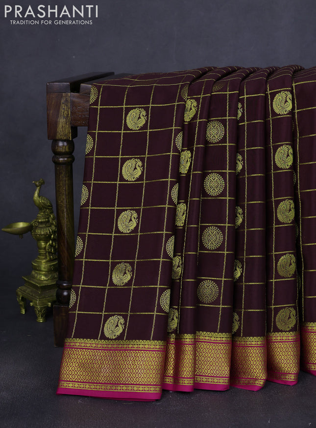 Pure mysore silk saree coffee brown and pink with allover zari checks & buttas and zari woven border