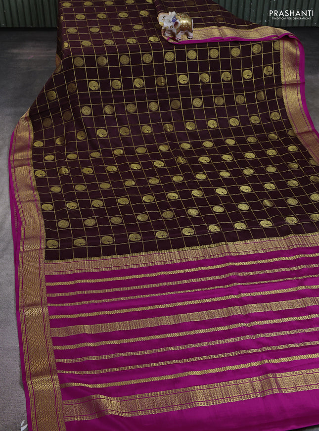 Pure mysore silk saree coffee brown and pink with allover zari checks & buttas and zari woven border