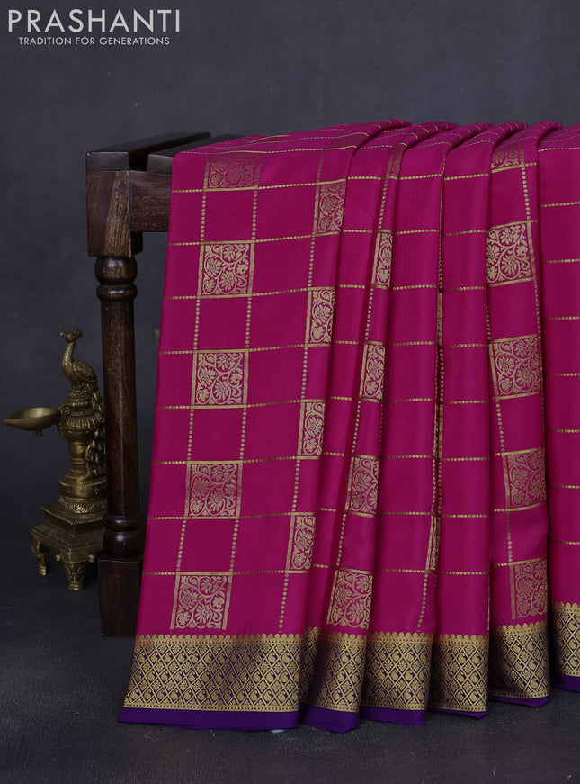 Pure mysore silk saree pink and violet with allover zari checks & buttas and zari woven border