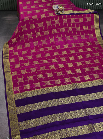 Pure mysore silk saree pink and violet with allover zari checks & buttas and zari woven border