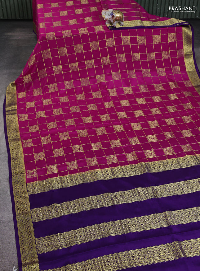 Pure mysore silk saree pink and violet with allover zari checks & buttas and zari woven border