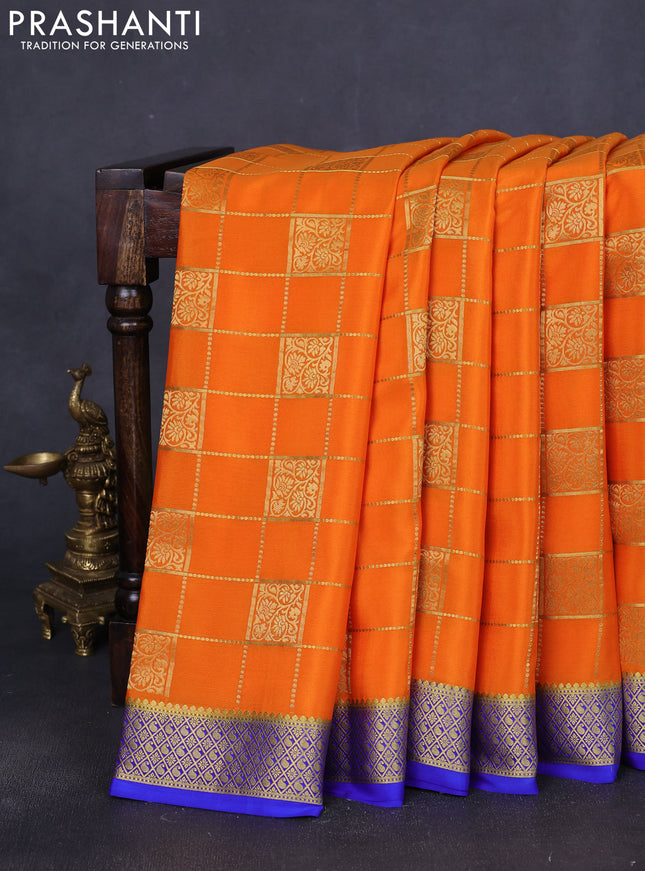 Pure mysore silk saree orange and blue with allover zari checks & buttas and zari woven border
