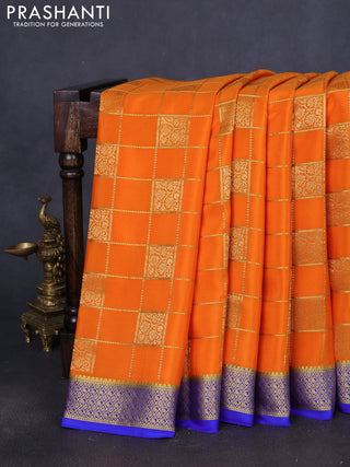 Pure mysore silk saree orange and blue with allover zari checks & buttas and zari woven border