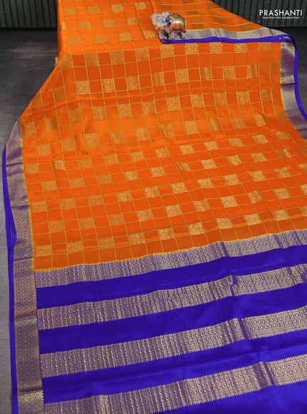 Pure mysore silk saree orange and blue with allover zari checks & buttas and zari woven border