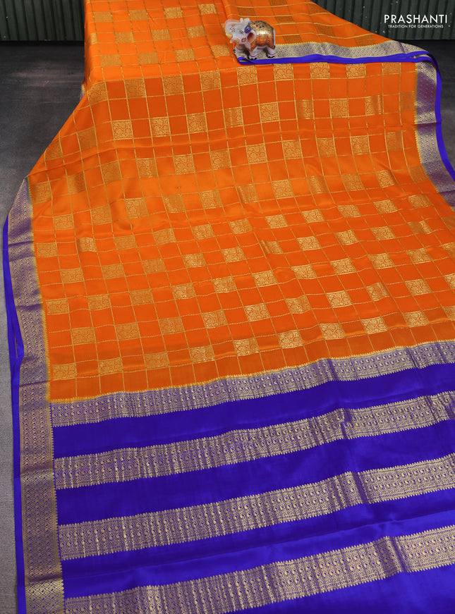 Pure mysore silk saree orange and blue with allover zari checks & buttas and zari woven border