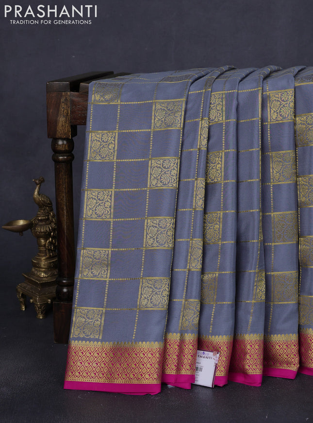 Pure mysore silk saree grey and pink with allover zari checks & buttas and zari woven border