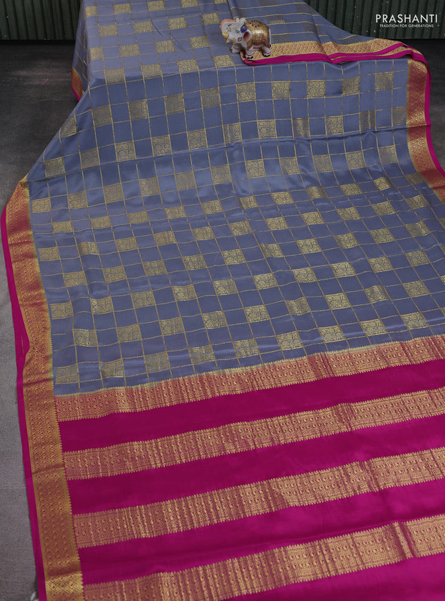 Pure mysore silk saree grey and pink with allover zari checks & buttas and zari woven border