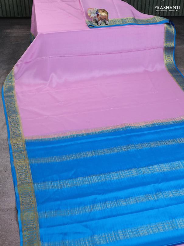 Pure mysore silk saree lotus pink and cs blue with plain body and zari woven border