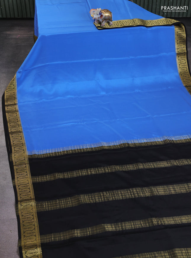 Pure mysore silk saree blue and black with plain body and zari woven border