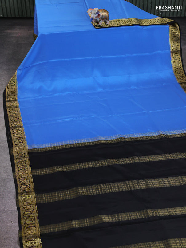 Pure mysore silk saree blue and black with plain body and zari woven border