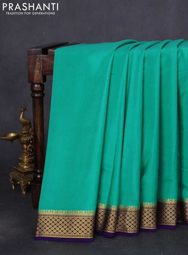 Pure mysore silk saree teal green and violet with plain body and zari woven border