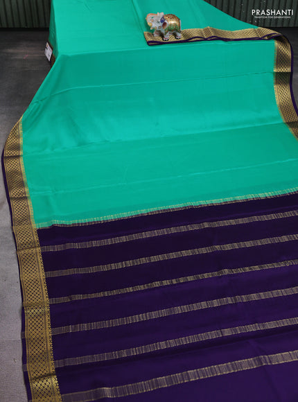 Pure mysore silk saree teal green and violet with plain body and zari woven border