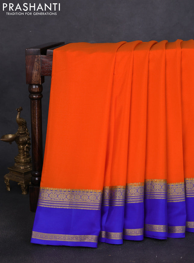 Pure mysore silk saree orange and blue with plain body and rettapet zari woven border