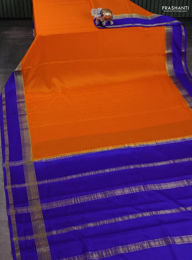 Pure mysore silk saree orange and blue with plain body and rettapet zari woven border