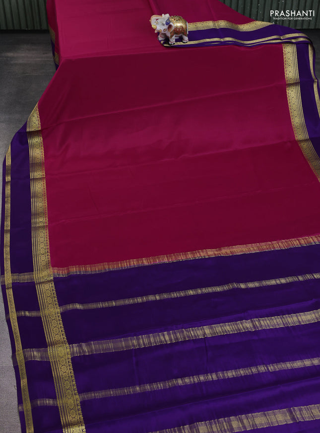Pure mysore silk saree magenta pink and violet with plain body and rettapet zari woven border