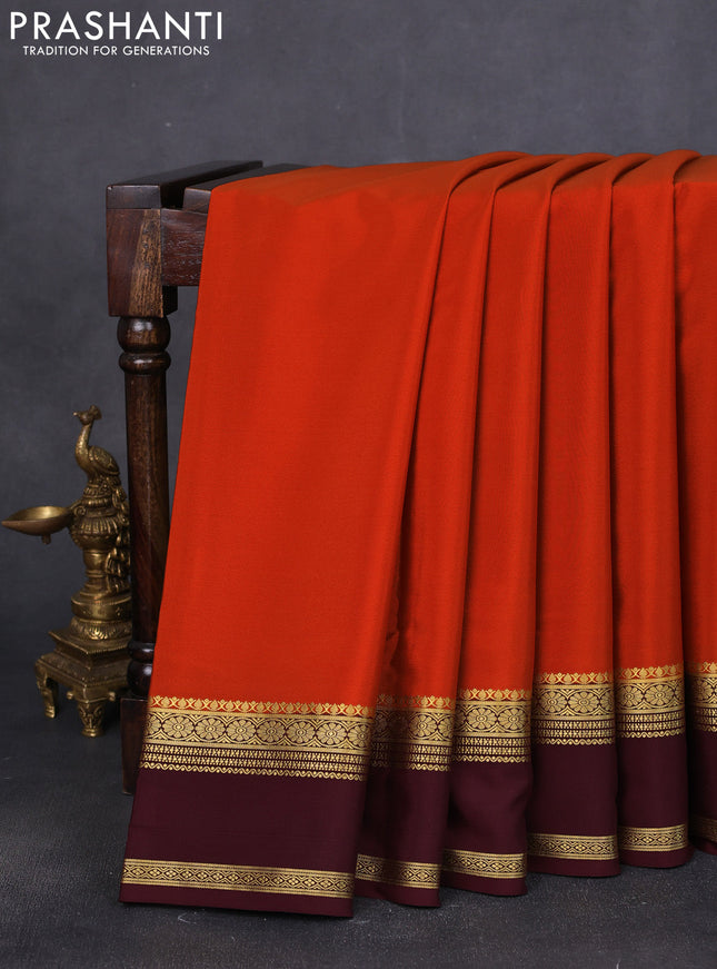 Pure mysore silk saree rustic orange and brown with plain body and rettapet zari woven border
