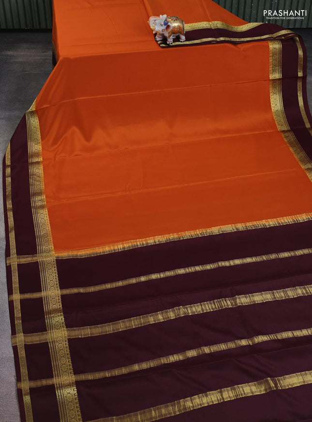 Pure mysore silk saree rustic orange and brown with plain body and rettapet zari woven border
