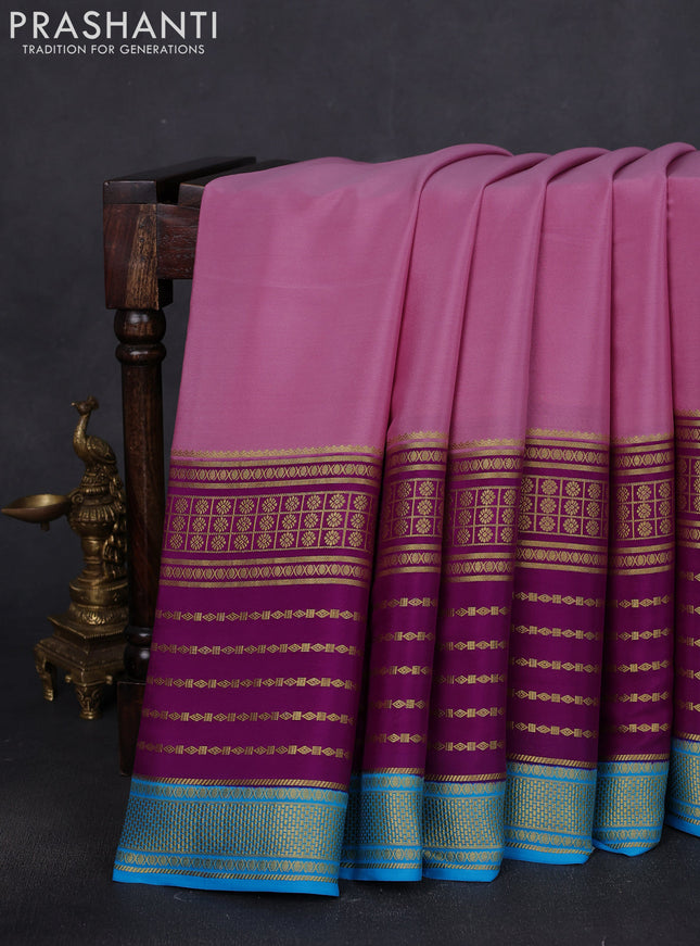 Pure mysore silk saree pastel pink and purple with plain body and long zari woven border