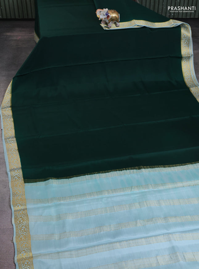 Pure mysore silk saree bottle green and pastel blue with plain body and zari woven border