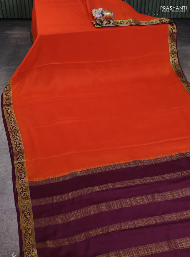 Pure mysore silk saree orange and deep maroon with plain body and zari woven border