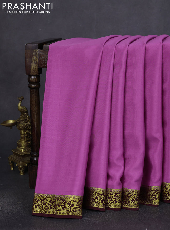 Pure mysore silk saree pink and coffee brown with plain body and zari woven border