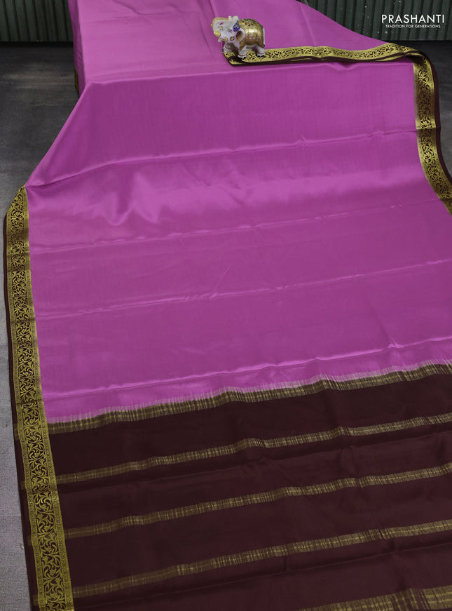 Pure mysore silk saree pink and coffee brown with plain body and zari woven border