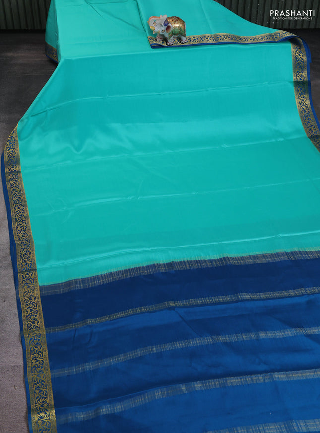 Pure mysore silk saree teal green and peacock blue with plain body and zari woven border