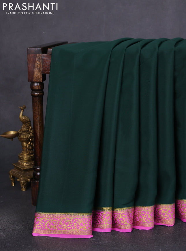 Pure mysore silk saree bottle green and pink with plain body and zari woven border