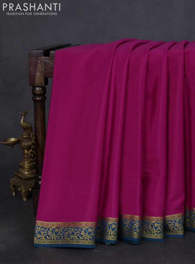 Pure mysore silk saree magenta pink and peacock green with plain body and zari woven border