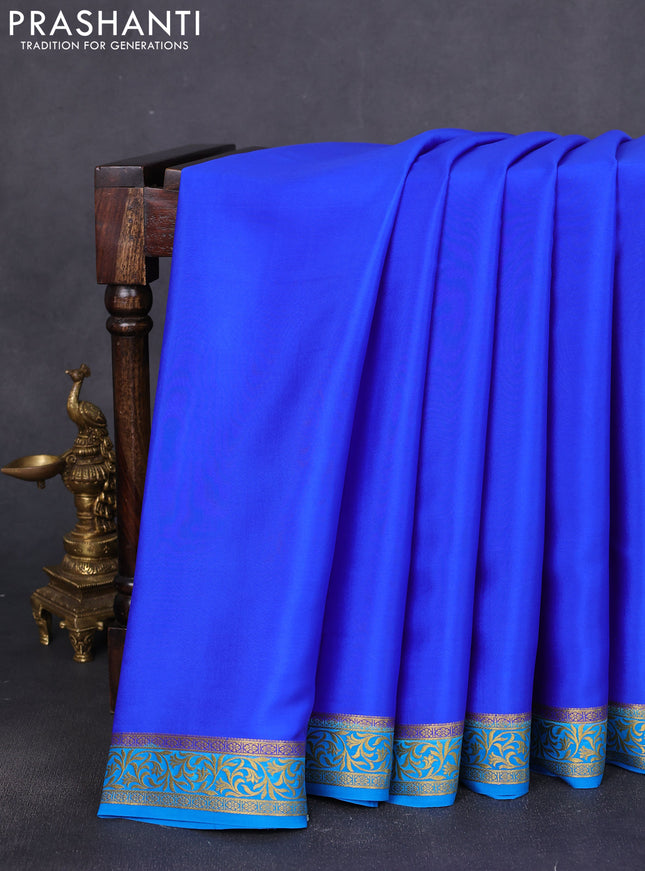 Pure mysore silk saree blue and teal blue with plain body and zari woven border
