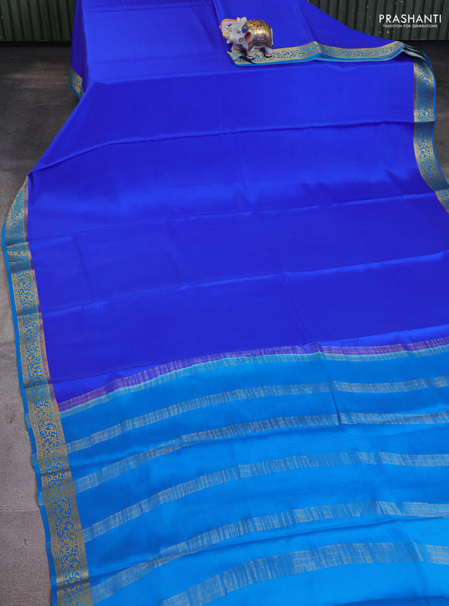 Pure mysore silk saree blue and teal blue with plain body and zari woven border