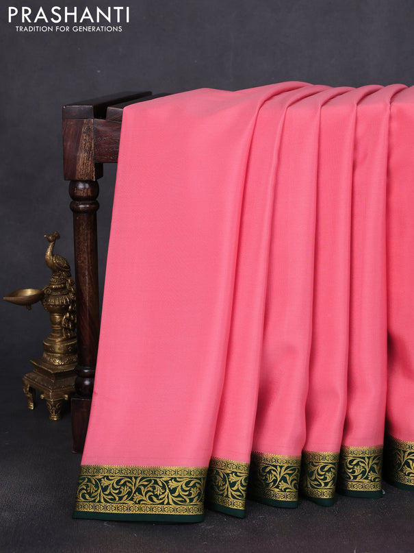 Pure mysore silk saree peach shade and bottle green with plain body and zari woven border