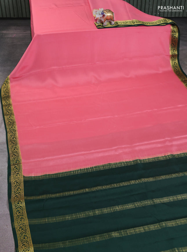 Pure mysore silk saree peach shade and bottle green with plain body and zari woven border