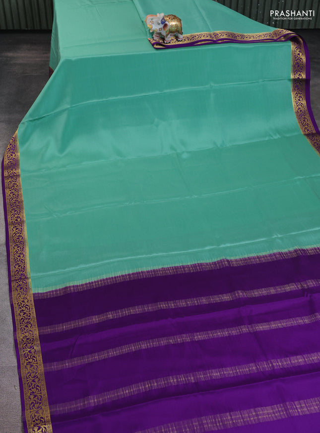 Pure mysore silk saree teal shade and violet with plain body and zari woven border
