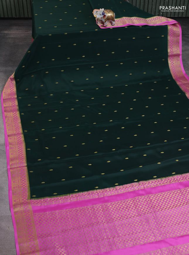 Pure mysore silk saree bottle green and pink with allover zari woven buttas and zari woven border