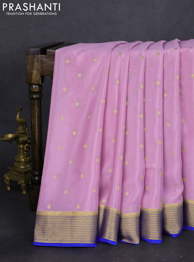 Pure mysore silk saree peach pink and blue with allover zari woven buttas and zari woven border