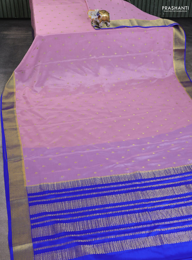Pure mysore silk saree peach pink and blue with allover zari woven buttas and zari woven border