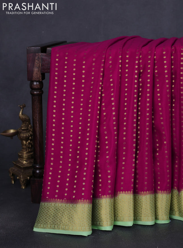 Pure mysore silk saree magenta pink and pista green with allover zari woven buttas and zari woven border