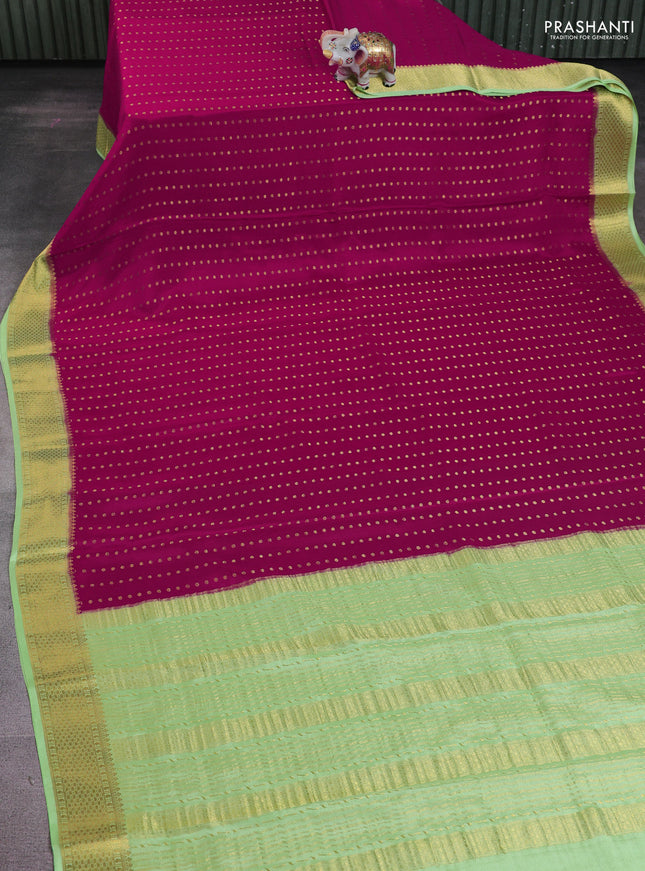Pure mysore silk saree magenta pink and pista green with allover zari woven buttas and zari woven border