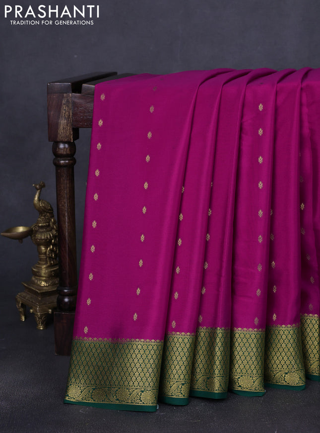 Pure mysore silk saree magenta pink and green with allover zari woven buttas and zari woven border