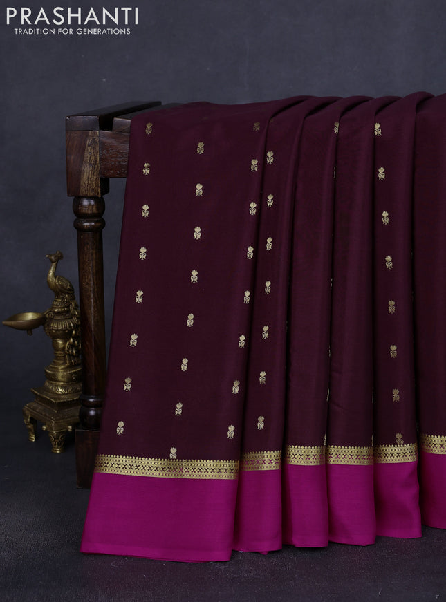 Pure mysore silk saree coffee brown and magenta pink with allover zari woven buttas and zari woven simple border